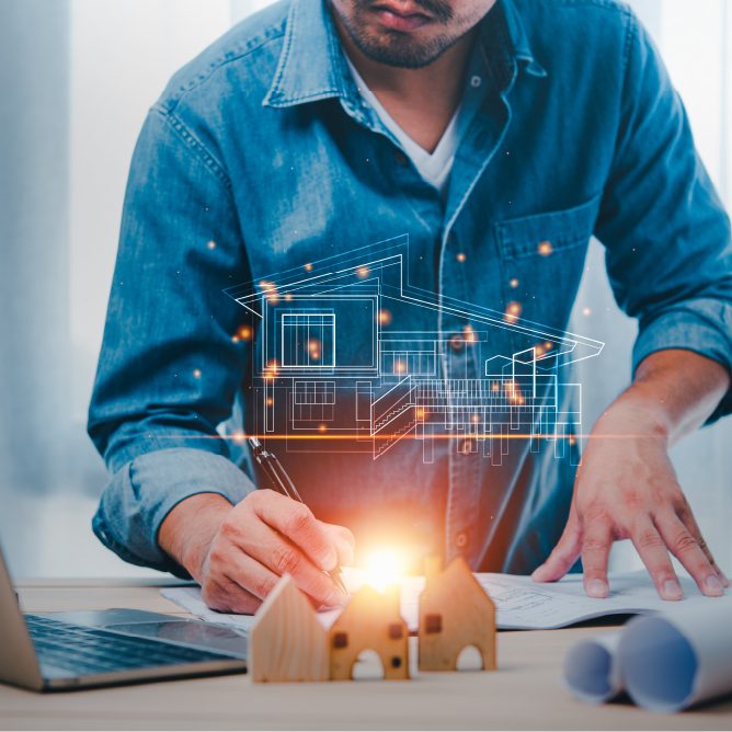 Architect shown working on blueprints with digital overlay