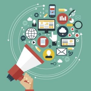 Illustration showing social media and advertising icons arranged in a cloud to show all of the possible options for marketing and advertising.